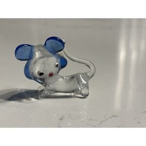 Hand Blown clear‎ Art Glass Miniature Mouse Figurine with Tail Blue Clear